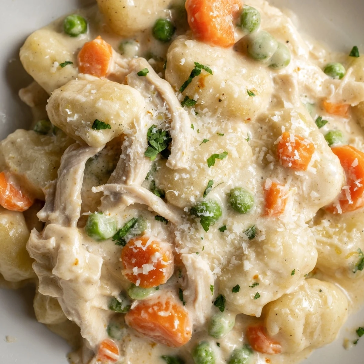One Pot Gnocchi Chicken Pot Pie topped with fresh parsley and served steaming in a Dutch oven