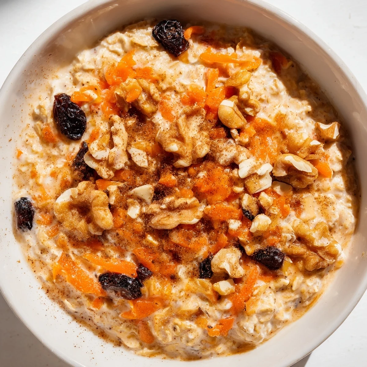 Creamy carrot cake overnight oats in a mason jar topped with crunchy walnuts and raisins