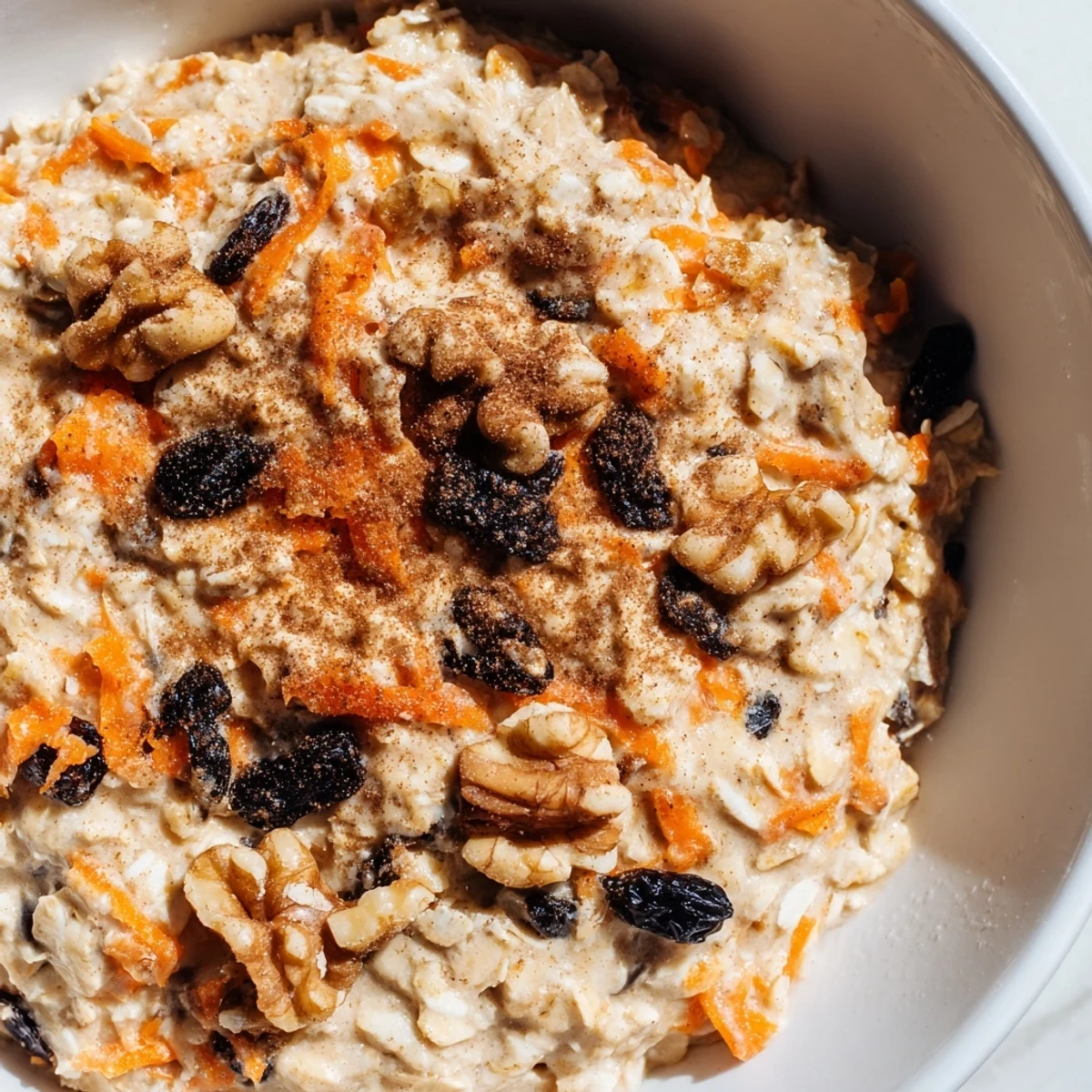 Spoon digs into thick carrot cake overnight oats with visible cinnamon-spiced grated carrots