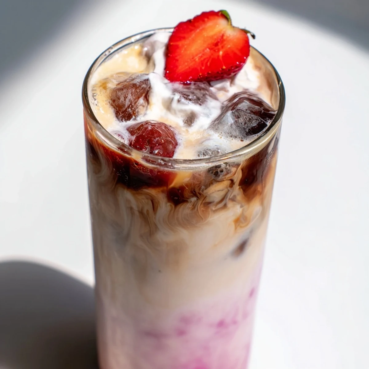 Creamy strawberry cold latte in a tall glass with swirled pink layers and ice