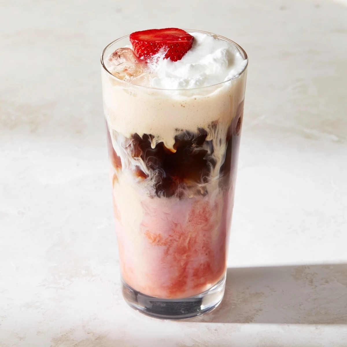 Iced strawberry cream latte topped with fluffy whipped cream and fresh berry garnish