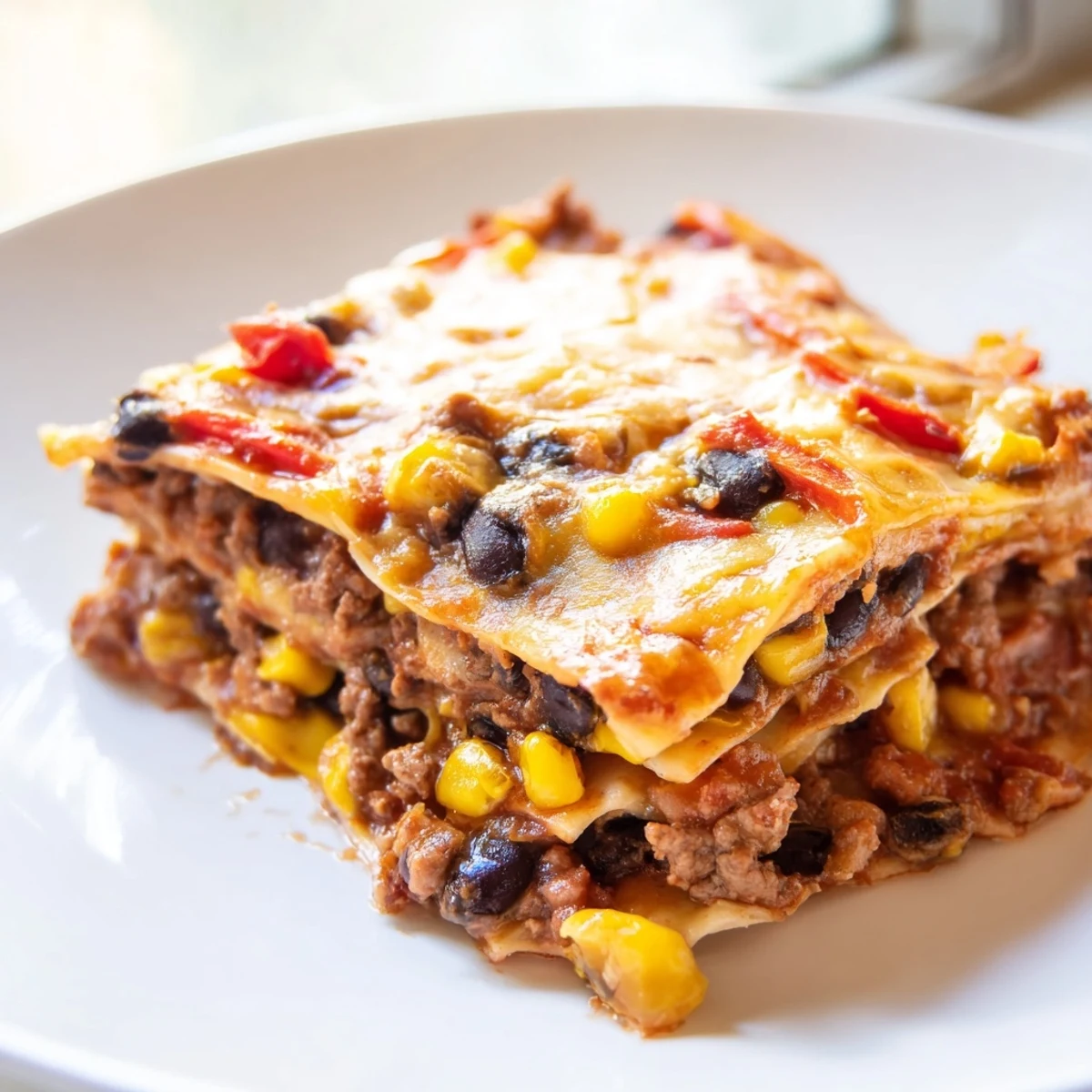 Golden melted cheese tops this Mexican lasagna with layers of seasoned beef and beans