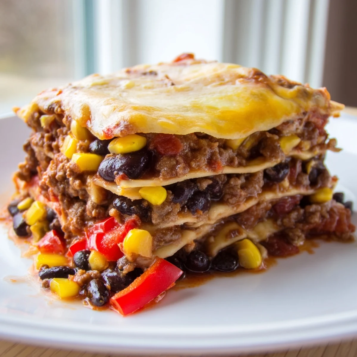 Warm Mexican lasagna fresh from oven with bubbly cheese and colorful pepper filling