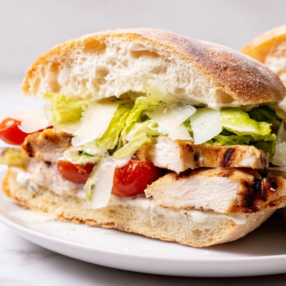 Juicy grilled Chicken Caesar Sandwich with crisp romaine and creamy dressing on golden toasted ciabatta