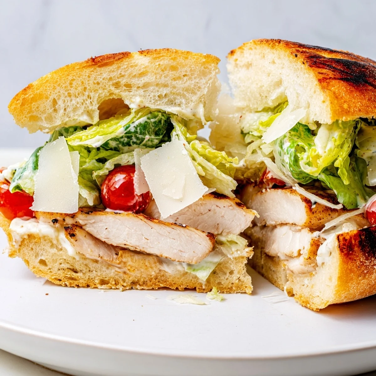 Toasted Chicken Caesar Sandwich loaded with shaved Parmesan, fresh lettuce, and homemade dressing cut in half