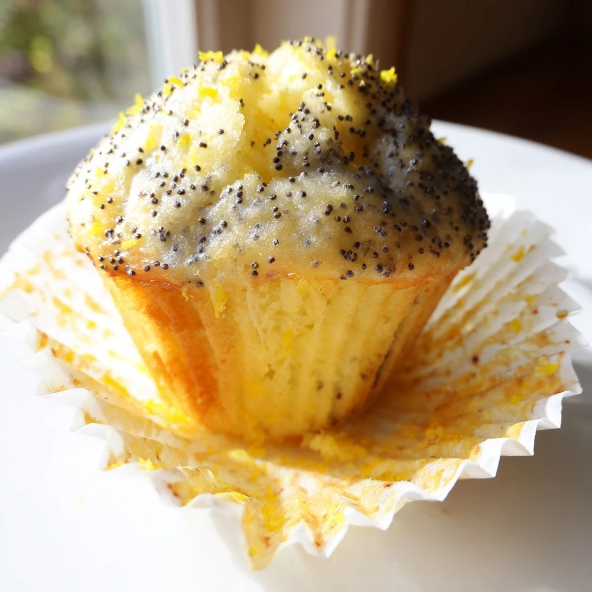 Golden lemon poppy seed muffins with domed tops cooling on a wire rack