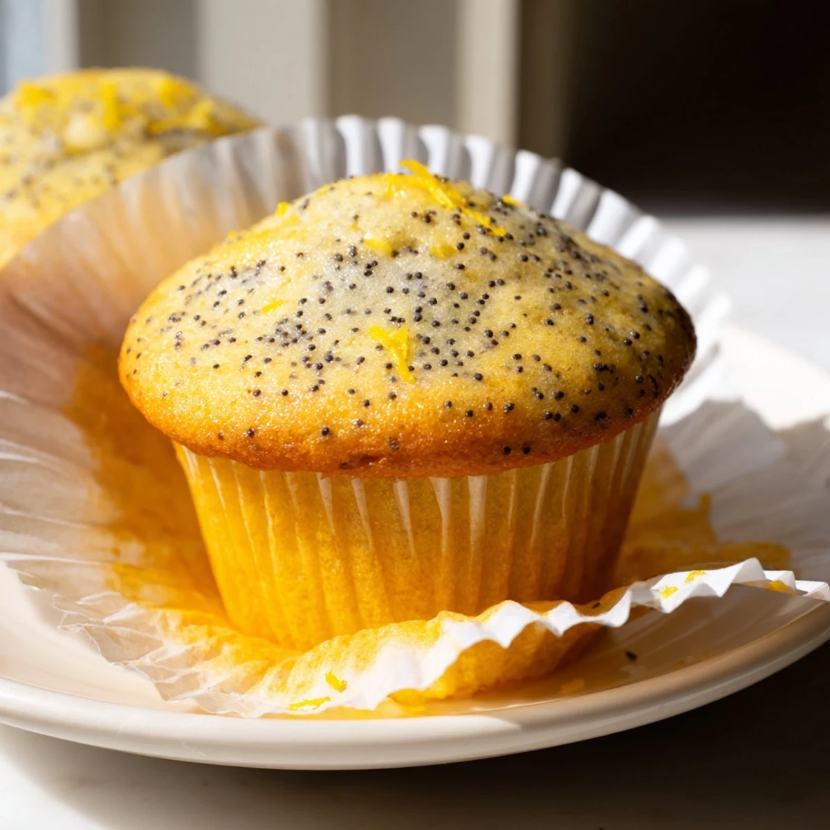 Moist lemon poppy seed muffins speckled with zest nestled in white paper liners