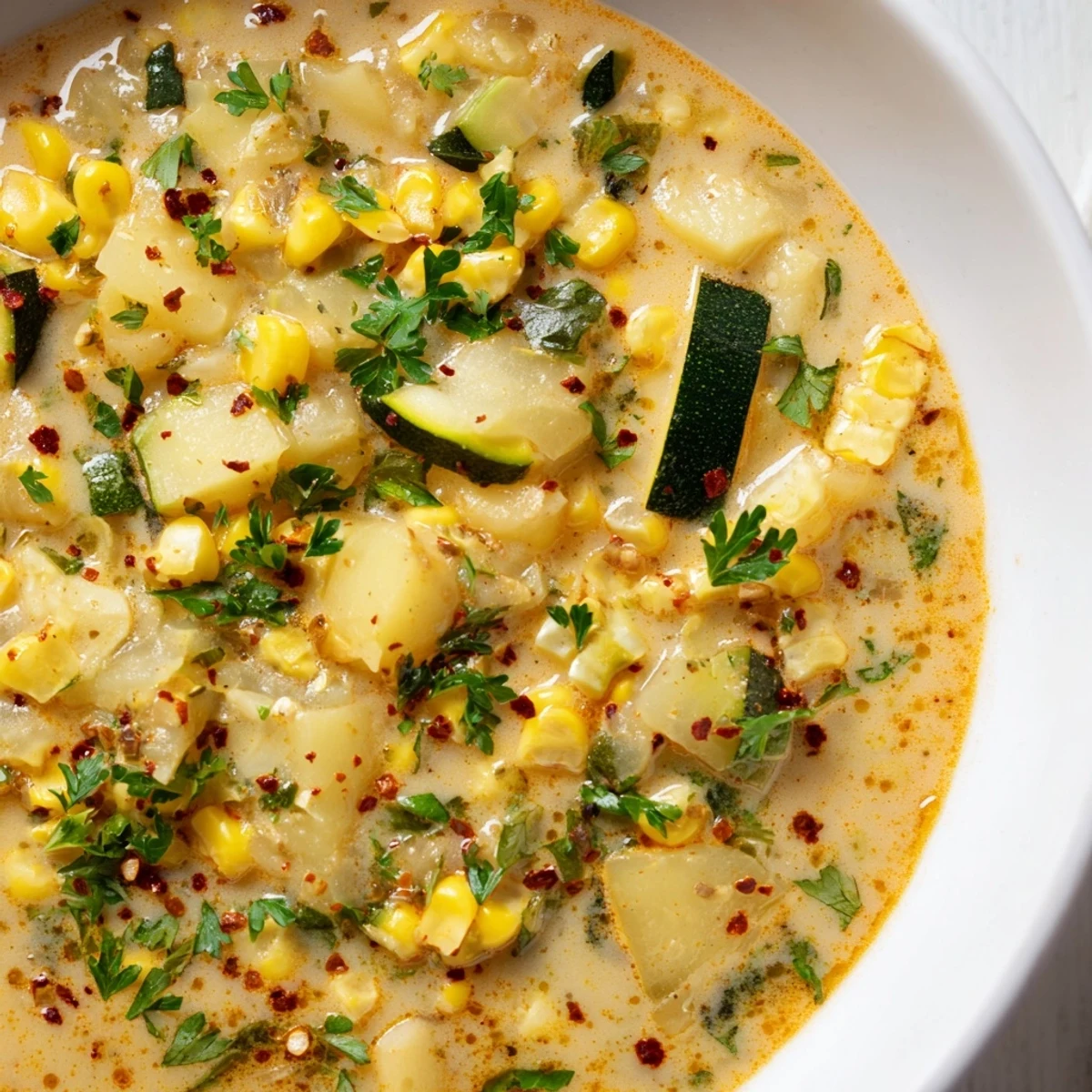 Creamy potato corn zucchini soup served steaming in a rustic bowl with fresh parsley garnish