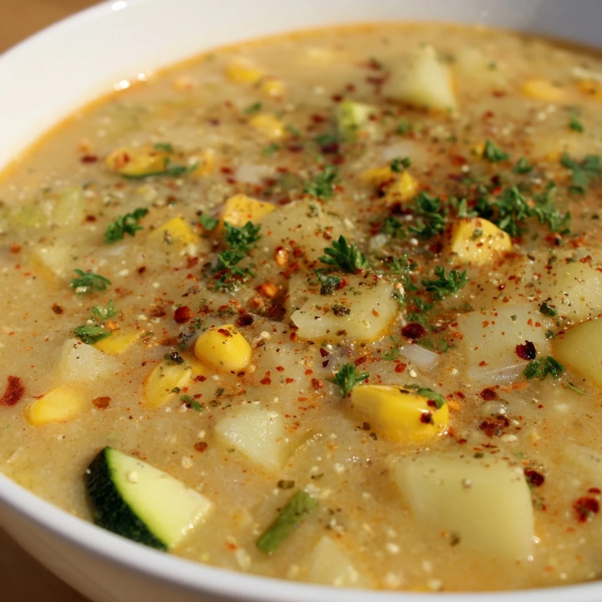 Hearty potato corn zucchini soup brimming with tender vegetables in a velvety golden broth
