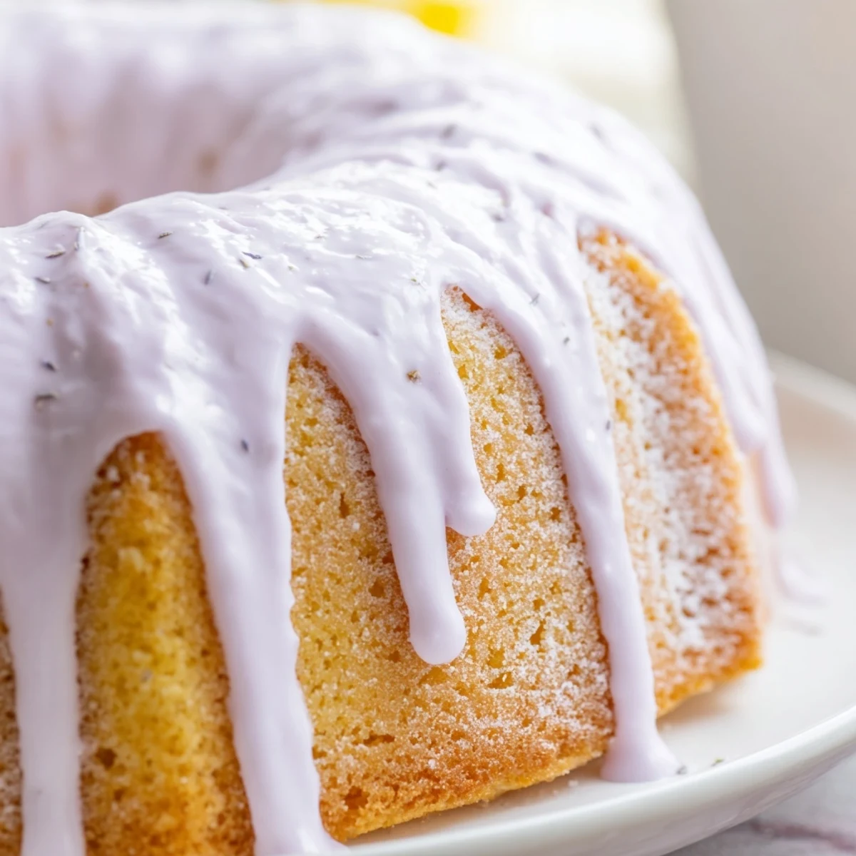 Smooth lavender glaze cascading down a golden pound cake slice