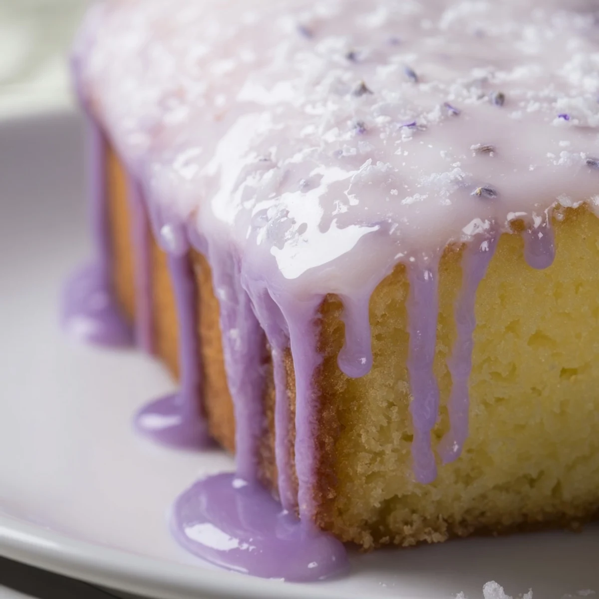 Purple-hued lavender glaze in a bowl ready for drizzling desserts