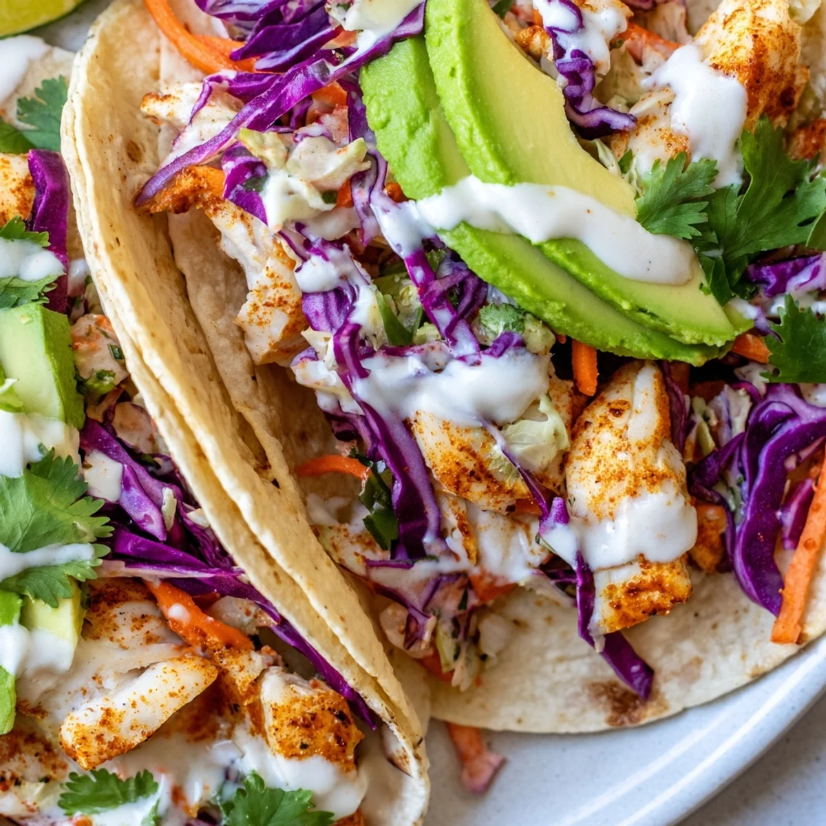 Crispy seasoned tilapia fish tacos topped with vibrant cabbage slaw and cool crema on warm tortillas.