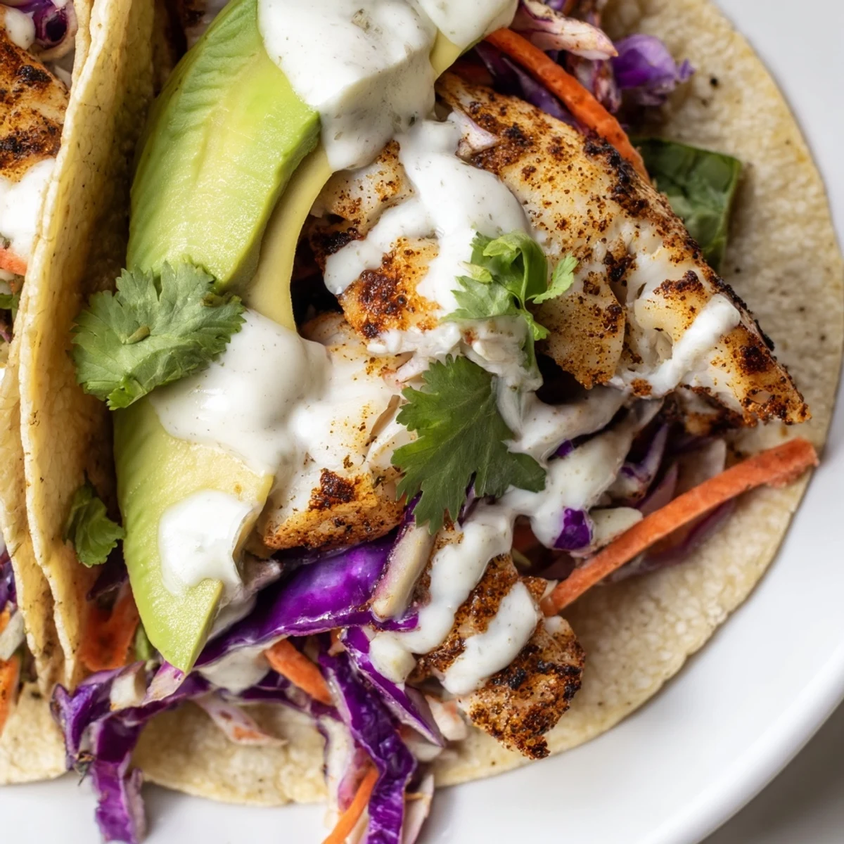 Flaky tilapia fish tacos with zesty lime crema fresh avocado slices and crunchy cabbage in soft tortillas.