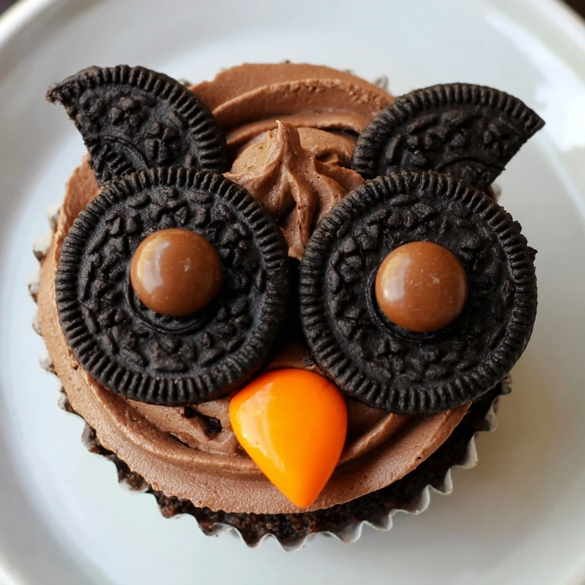 Adorable Oreo owl cupcakes with creamy frosting and chocolate candy eyes on a rustic serving tray