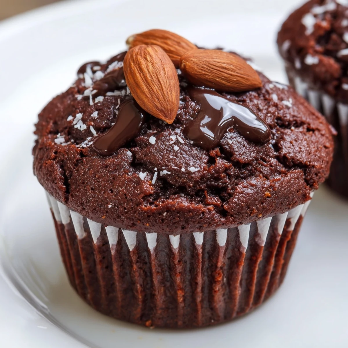 Rich Flourless Almond Joy Cupcakes drizzled with melted chocolate and topped with roasted almonds