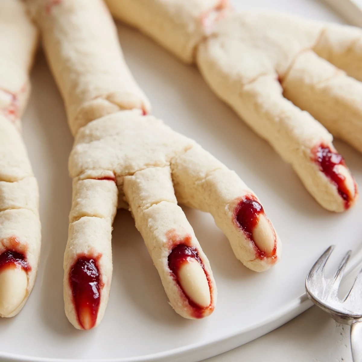 Creepy Witch Finger Cookies with bloody almond nails on a spooky Halloween platter