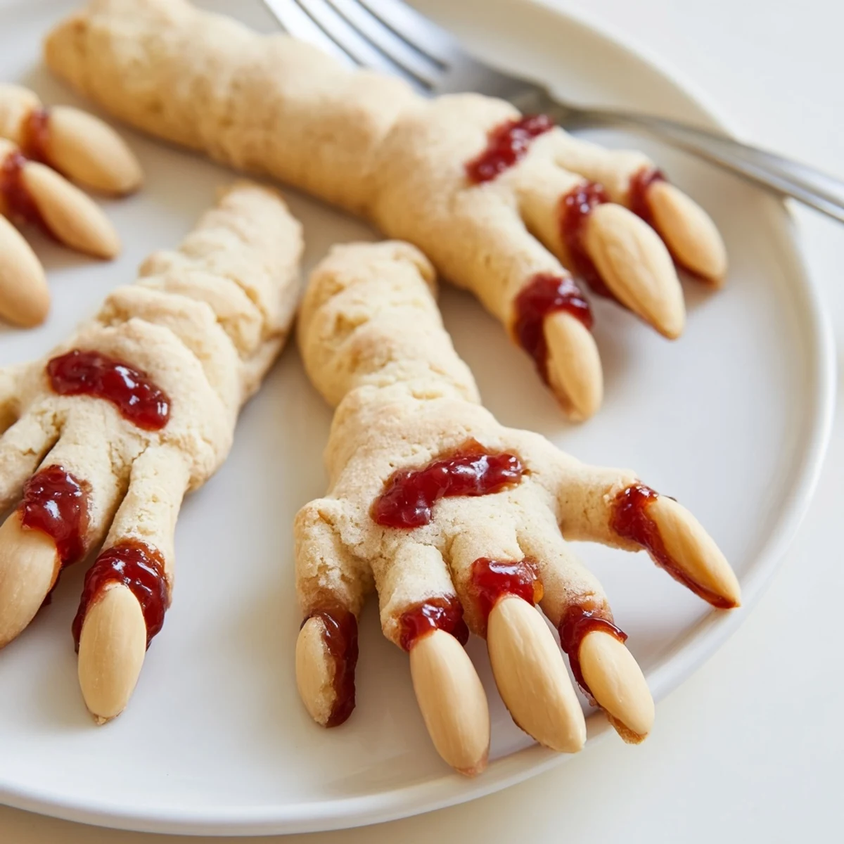 Golden Creepy Witch Finger Cookies displayed on parchment with eerie red jam details
