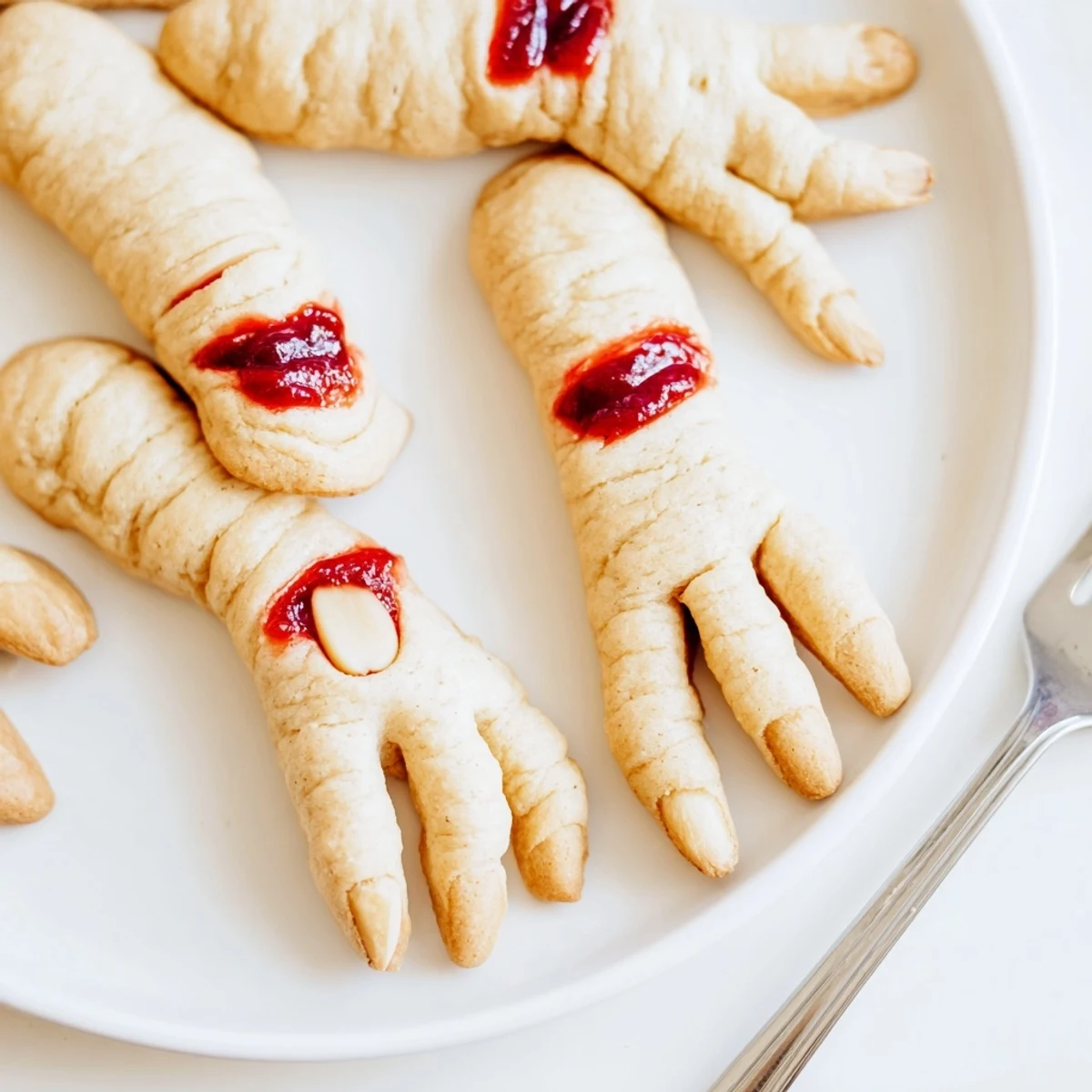 Platter of Creepy Witch Finger Cookies featuring gnarled knuckles and almond fingernails