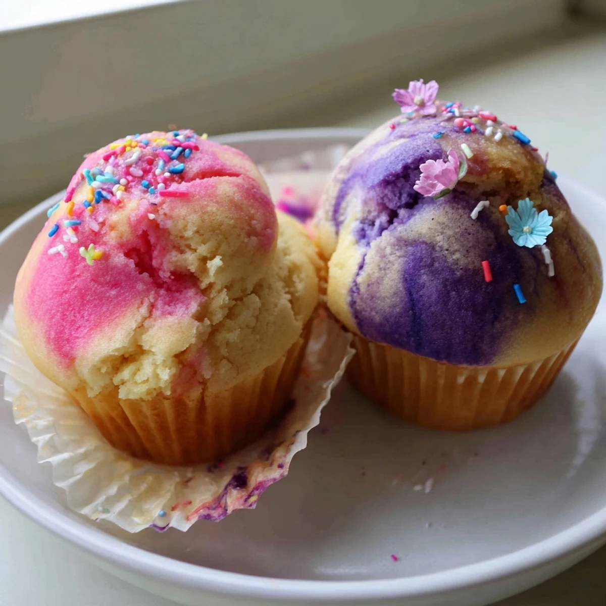 Steamed Blooming Cupcakes topped with edible flowers arranged on a white serving plate