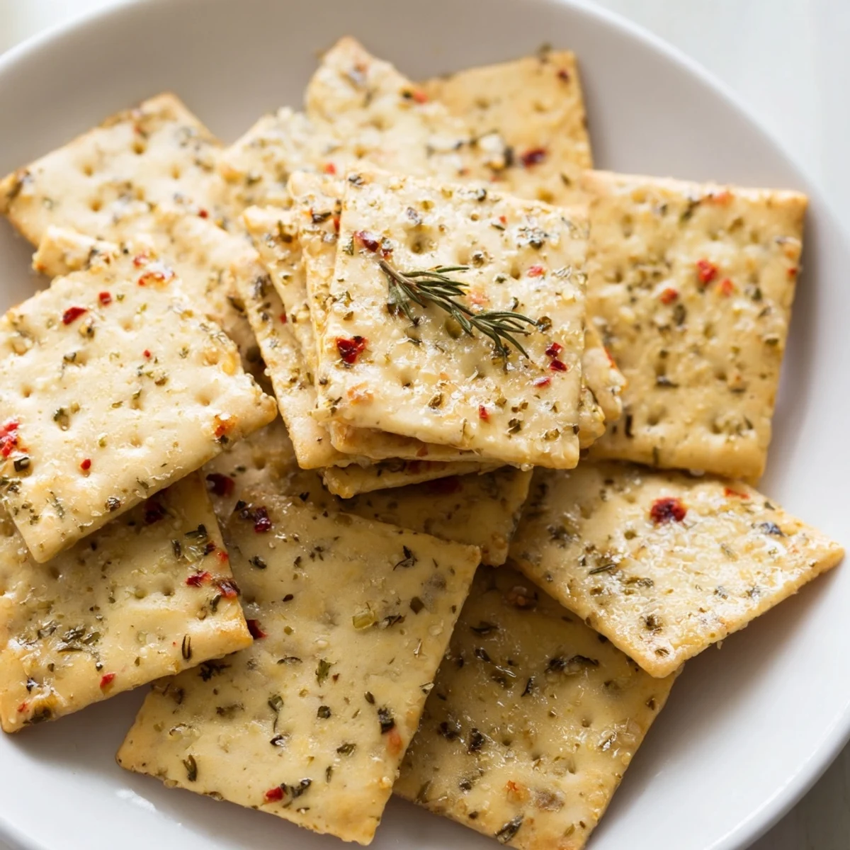 Warm dill pickle saltines arranged on parchment with flecks of fresh dill weed