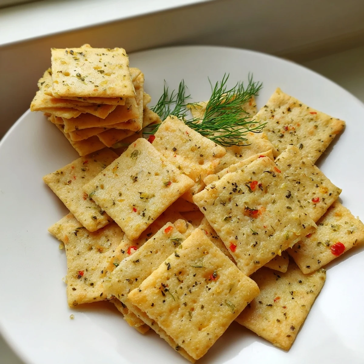 Crispy golden dill pickle saltines coated in a herbed buttery garlic glaze