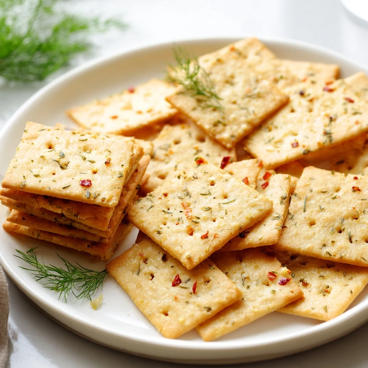 Tangy dill pickle saltines stacked on a platter perfect for party snacking