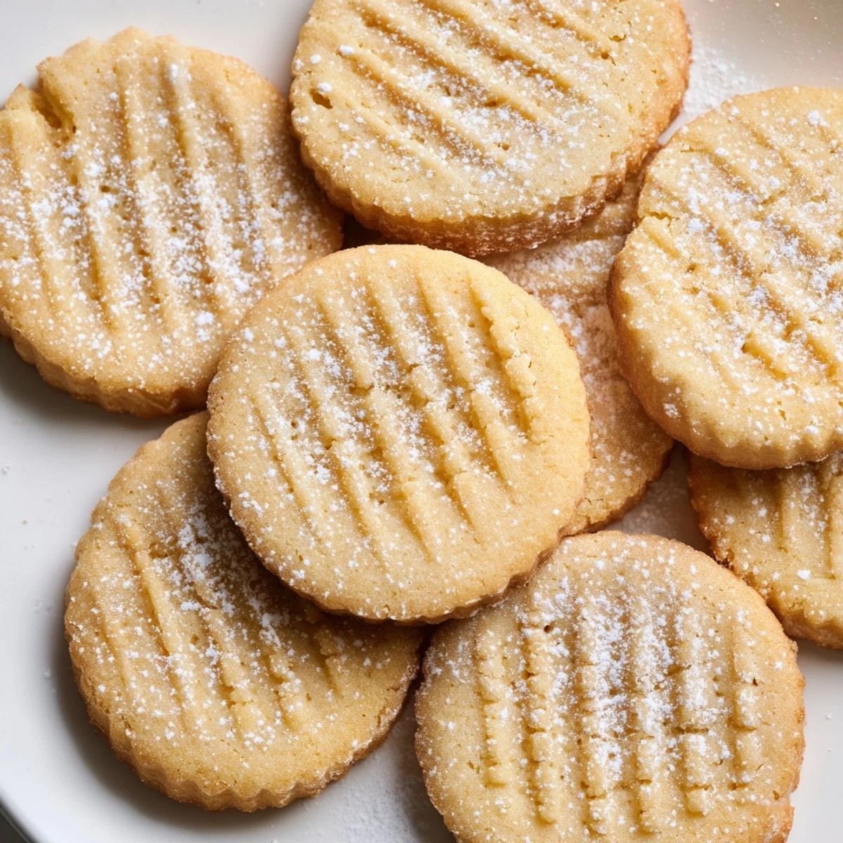 Grandma's Secret Butter Cookies dusted with powdered sugar on a ceramic plate