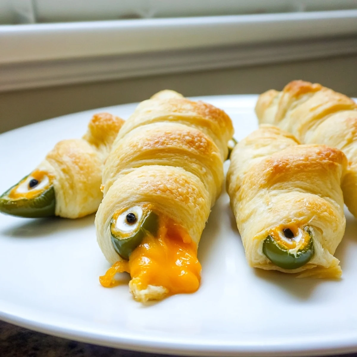 Crispy golden mummy jalapeno poppers with melting cheddar cream cheese filling on parchment paper
