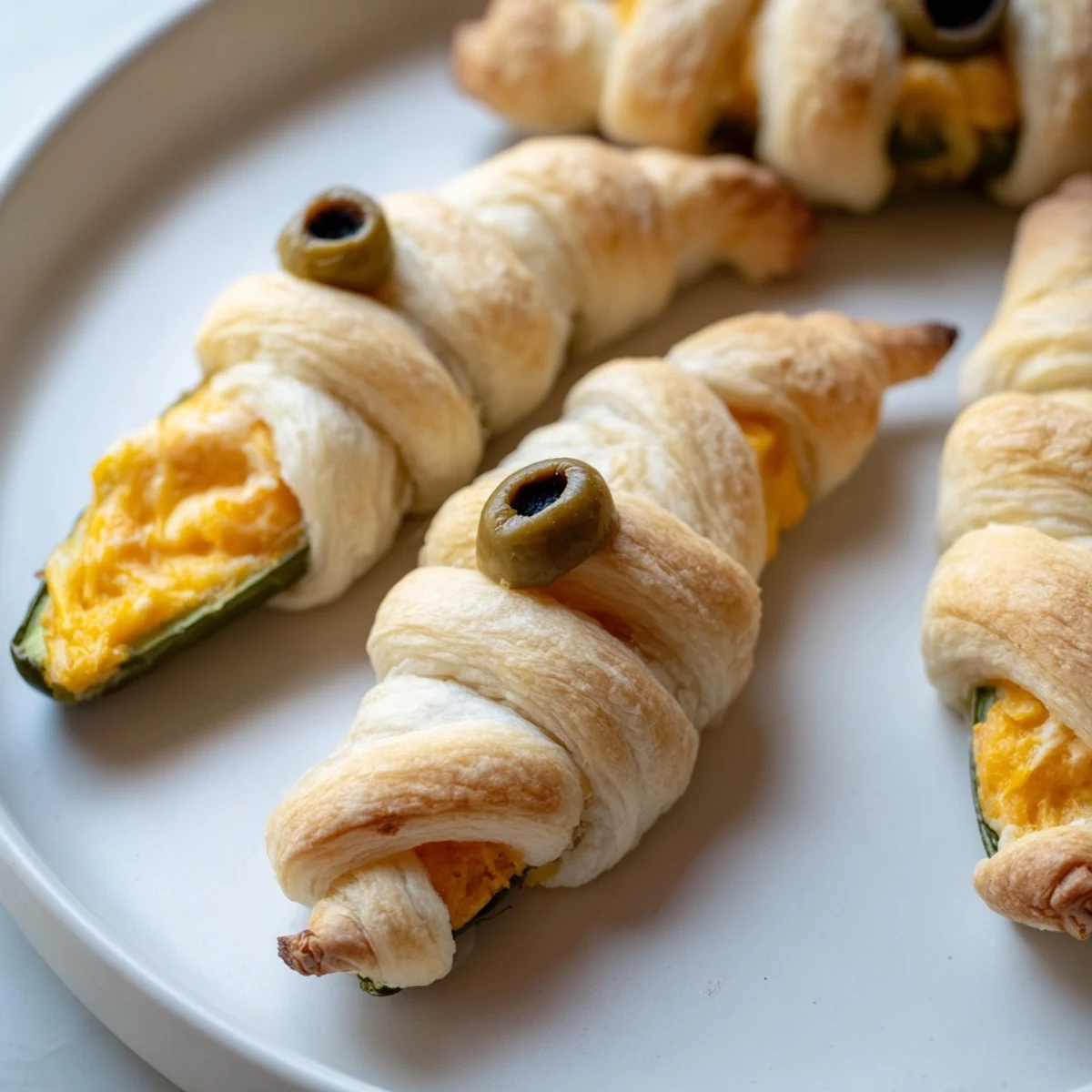 Adorable mummy jalapeno poppers wrapped in flaky crescent dough bandages with candy eyes served warm