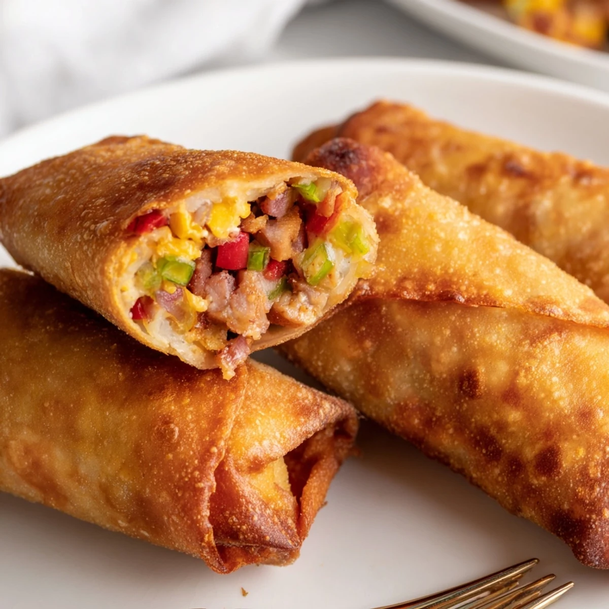 Golden crispy Voodoo Egg Rolls served hot with spicy remoulade dipping sauce on a rustic plate