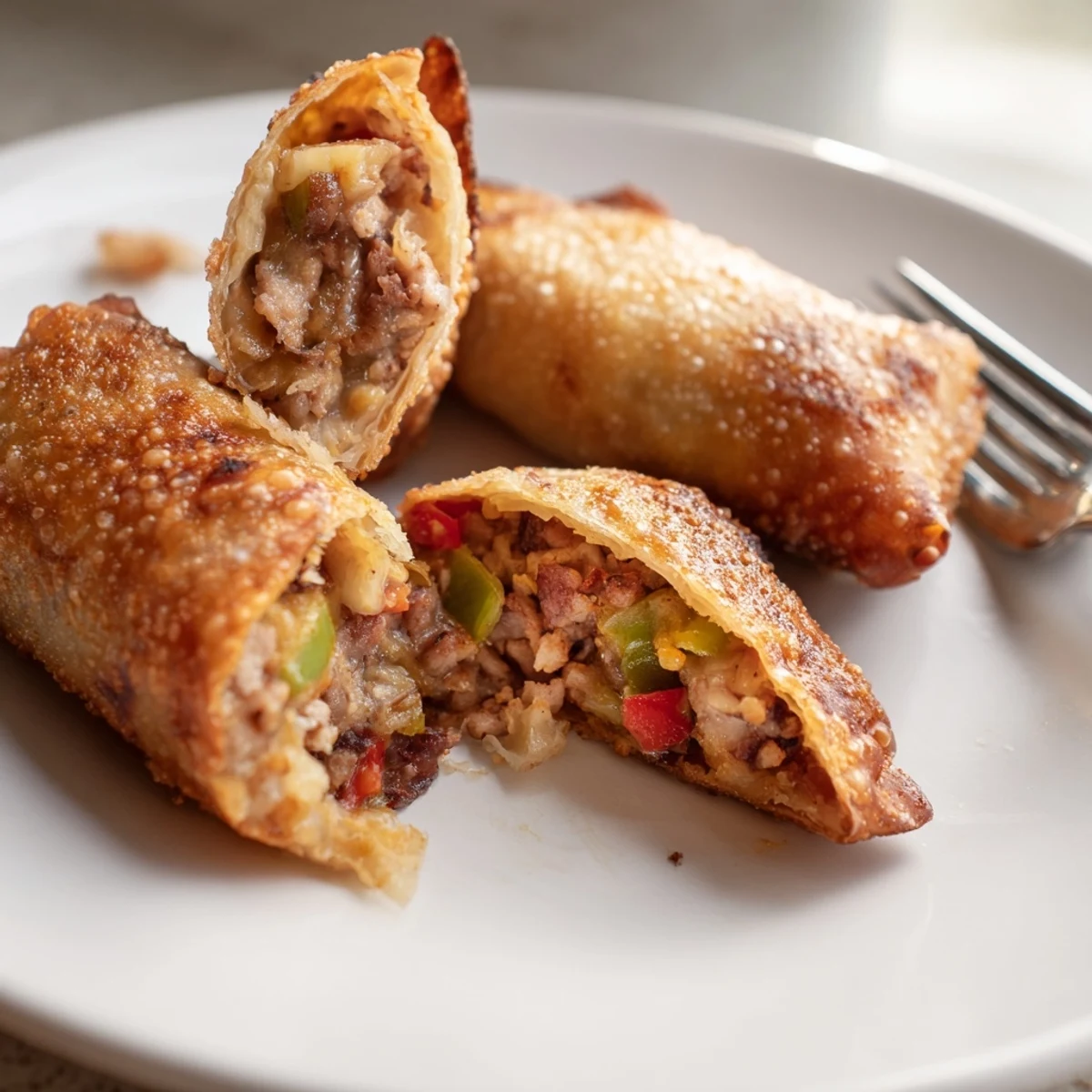 Crispy fried Voodoo Egg Rolls filled with smoky andouille sausage peppers and melted cheddar cheese