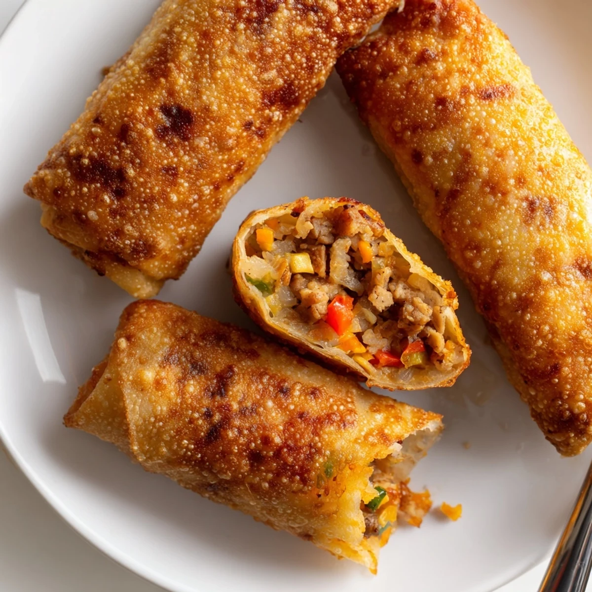 Crunchy golden brown Voodoo Egg Rolls arranged on a platter alongside Creole mustard for dipping