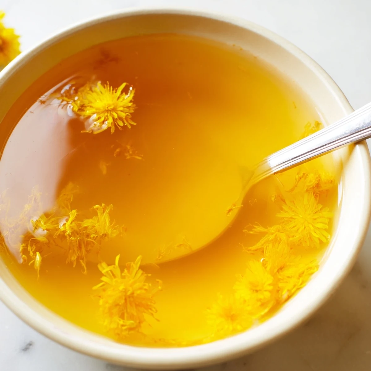 Homemade fresh dandelion jelly spread thick over a scone beside soft cheese
