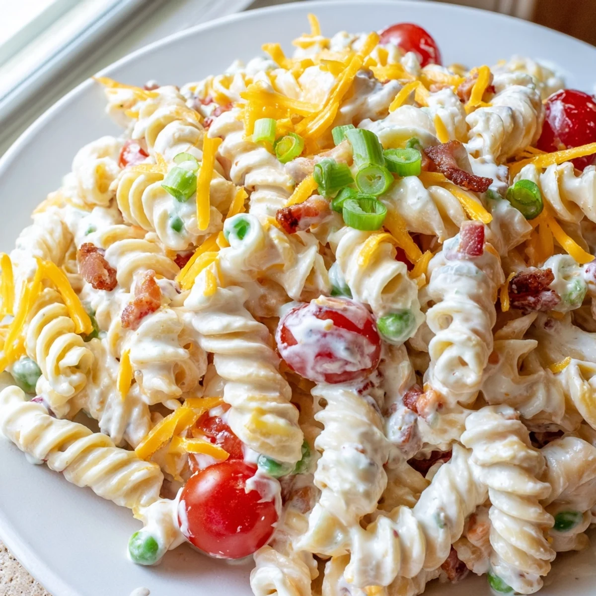 Creamy crack pasta salad mounded in a bowl with colorful veggies and shredded cheddar