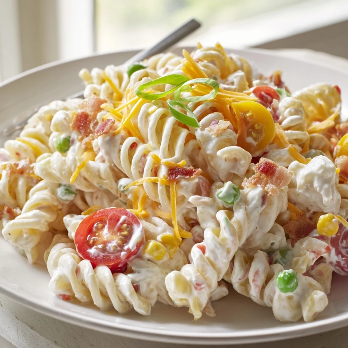 A generous scoop of crack pasta salad showing rotini coated in ranch dressing