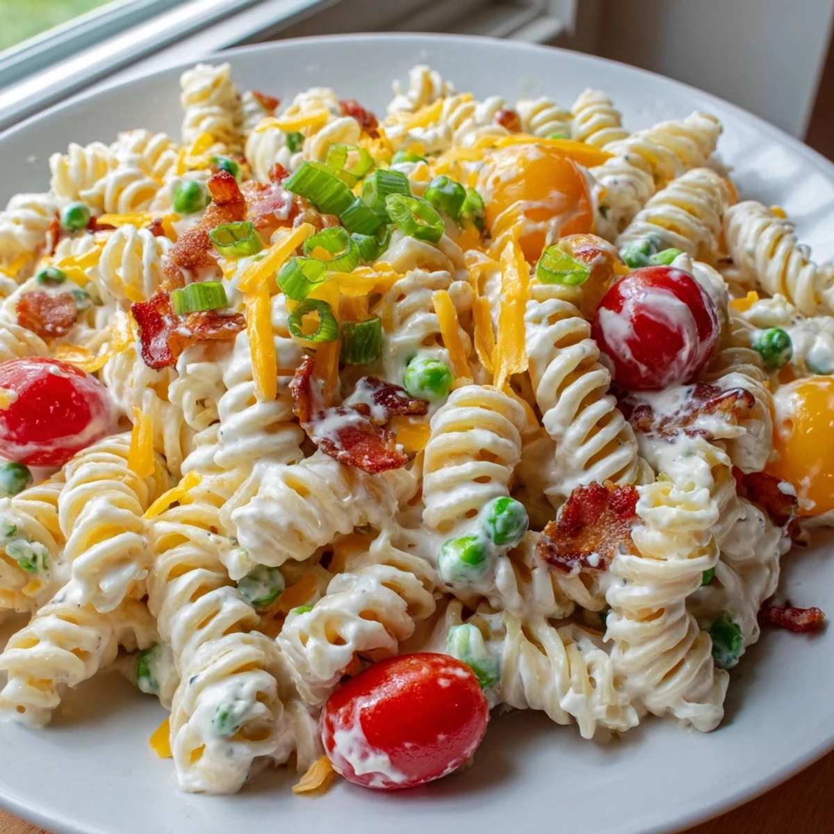 Chilled addictive crack pasta salad studded with cherry tomatoes and crispy bacon bits