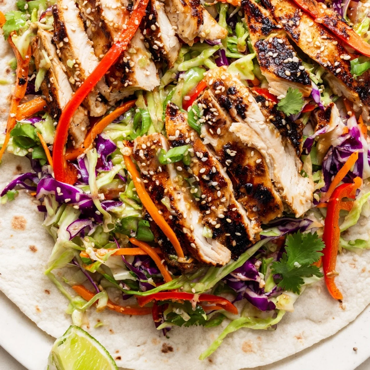 Juicy sliced chicken and crunchy Asian slaw tucked inside a warm flour tortilla for Thai chicken wraps