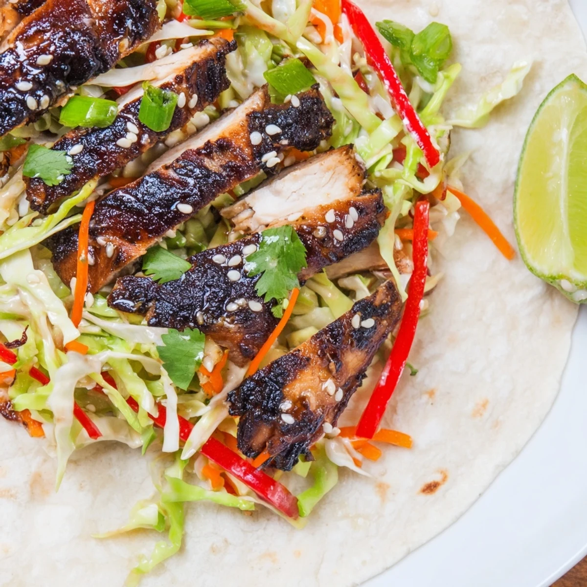 Golden grilled chicken strips layered over vibrant purple cabbage slaw in these Thai chicken wraps