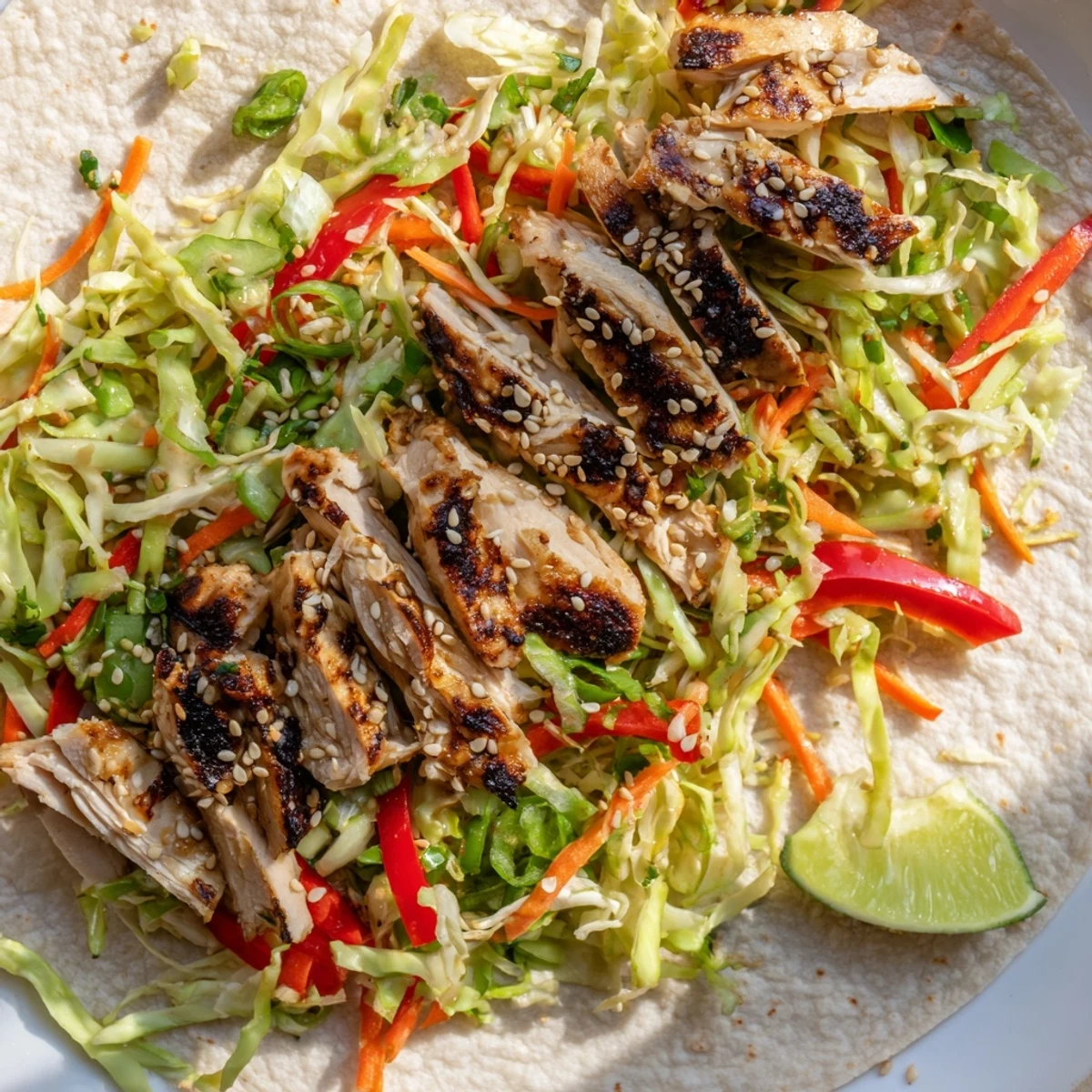 Soft tortilla rolled around charred chicken and tangy slaw topped with sesame seeds in Thai chicken wraps