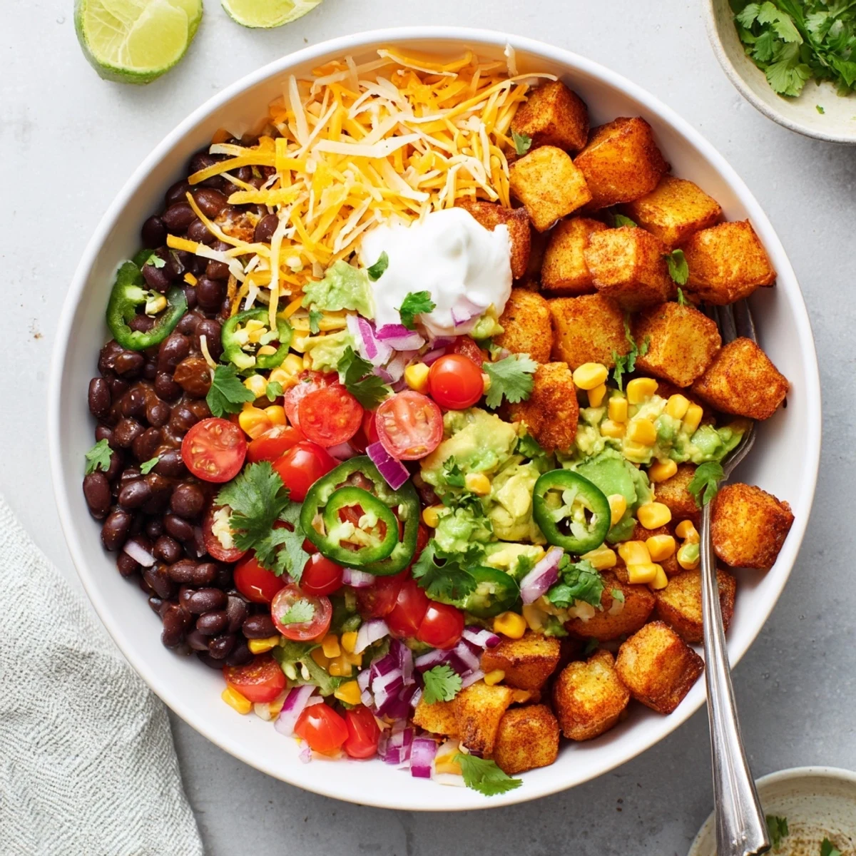 Golden crispy roasted potatoes topped with zesty beans and melted cheddar in loaded fiesta potato bowls