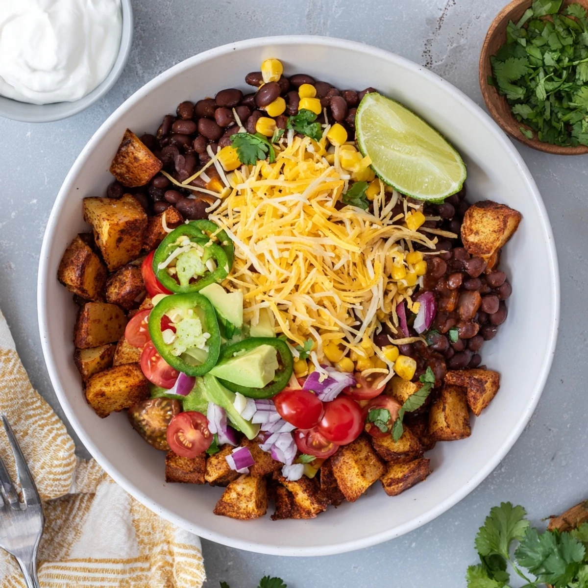 Colorful Tex-Mex loaded fiesta potato bowls with fresh avocado, tomatoes, and a creamy sour cream drizzle