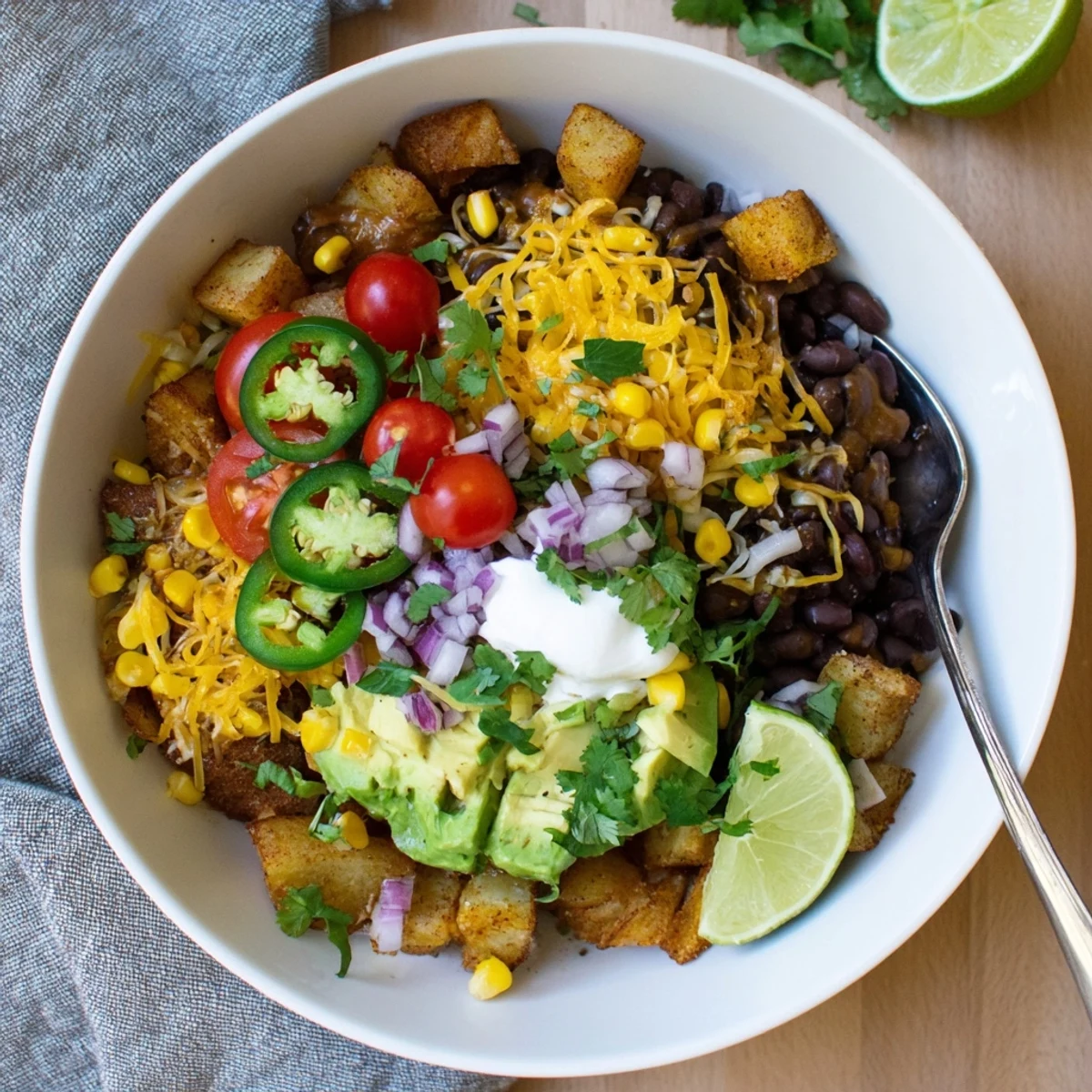 Warm loaded fiesta potato bowls served with lime wedges, cilantro, and spicy sliced jalapeños