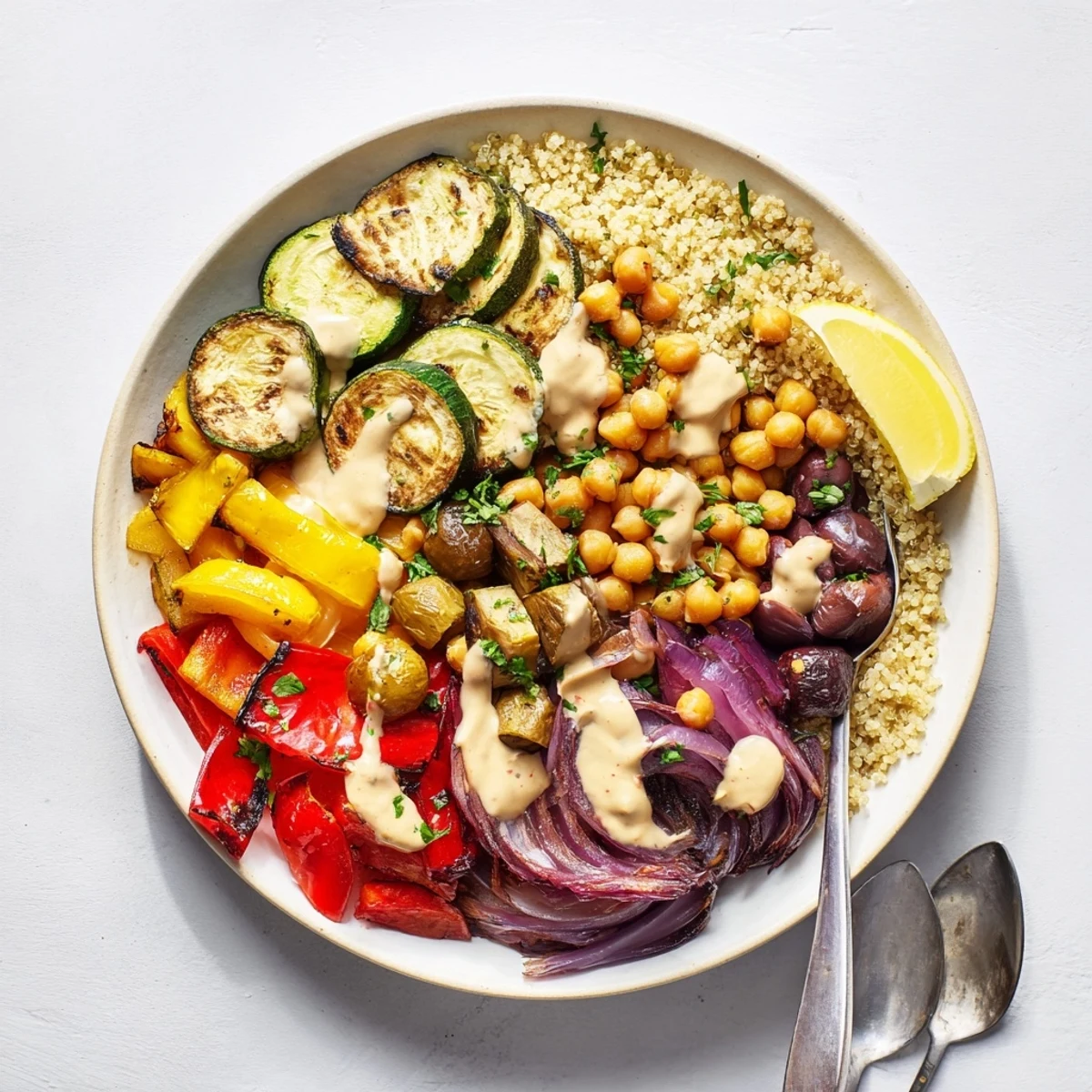 Golden roasted zucchini, eggplant, and chickpeas in a vegan Mediterranean bowl drizzled with creamy tahini dressing.