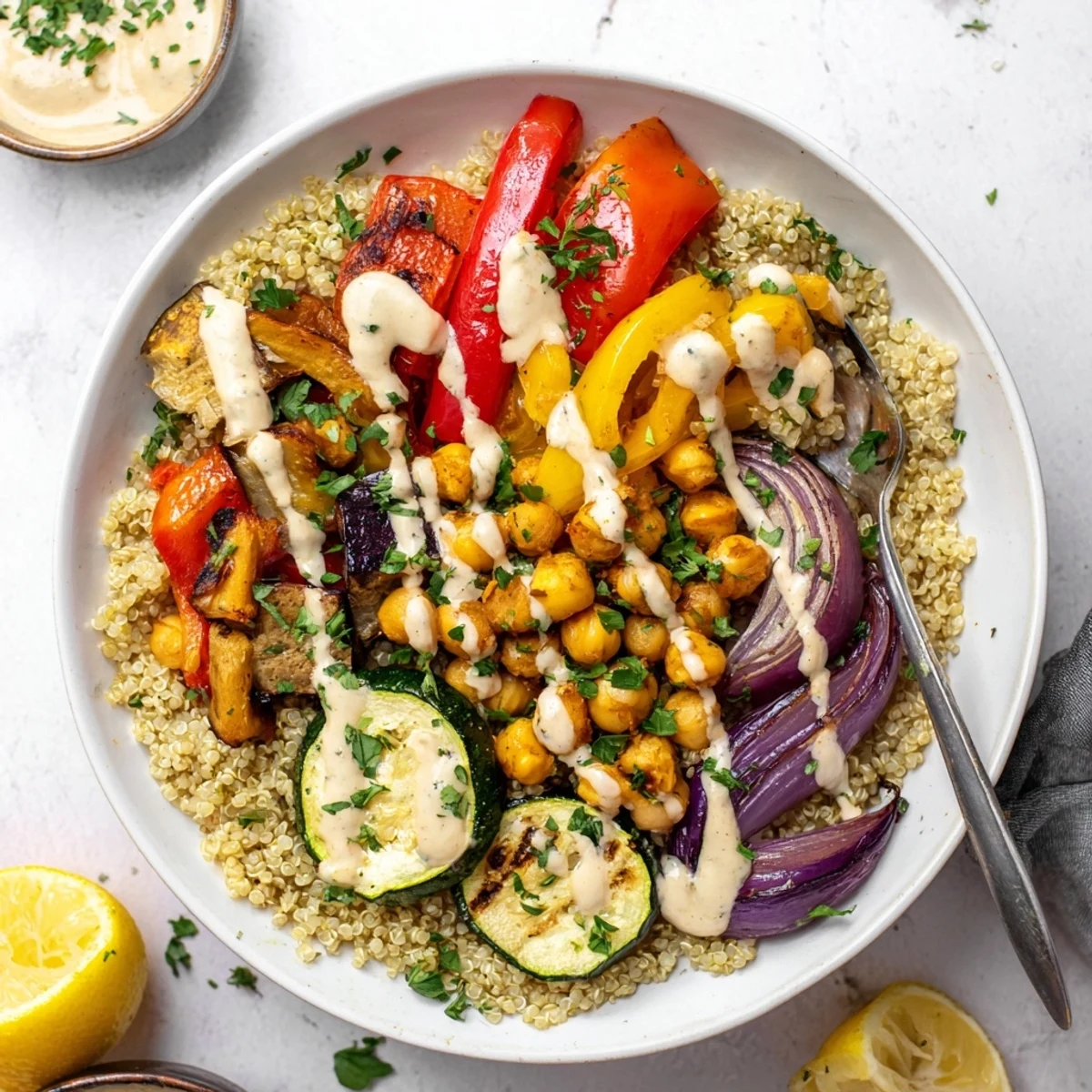 Warm vegan Mediterranean roasted vegetables bowl served over quinoa with zesty lemon tahini and fresh parsley.