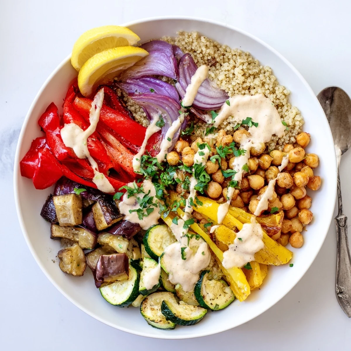 Charred bell peppers and tender chickpeas fill this comforting vegan Mediterranean roasted vegetables bowl with olives.