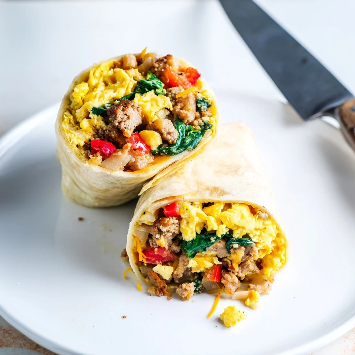 Golden scrambled egg and sausage freezer breakfast burritos tightly wrapped in foil