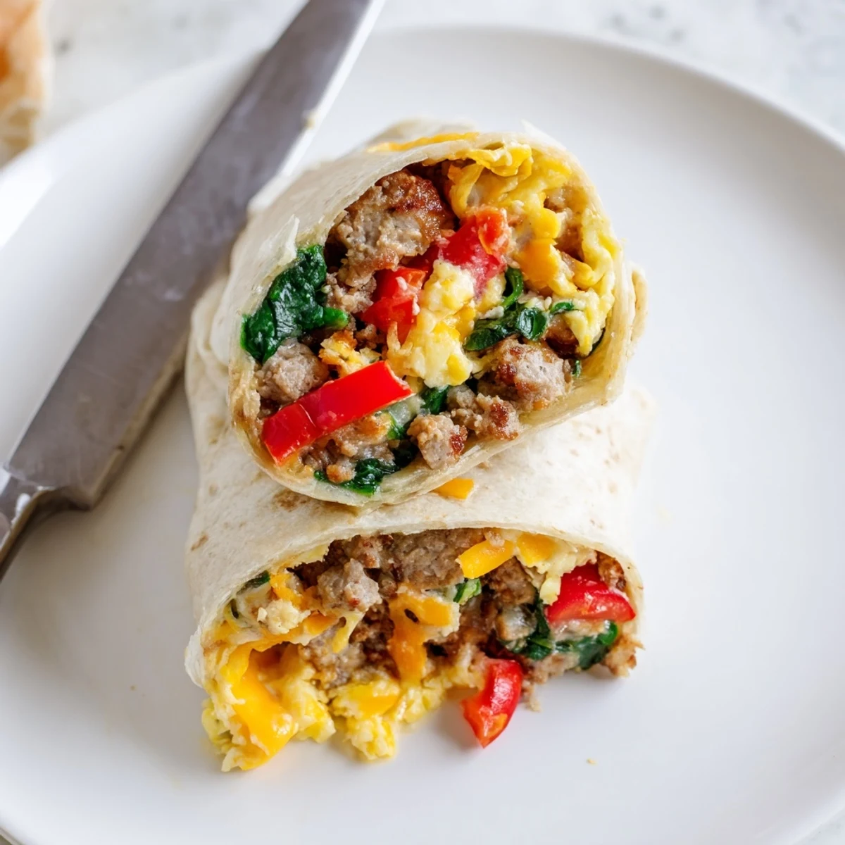 Warm cheddar-stuffed freezer breakfast burritos filled with peppers spinach and scrambled eggs