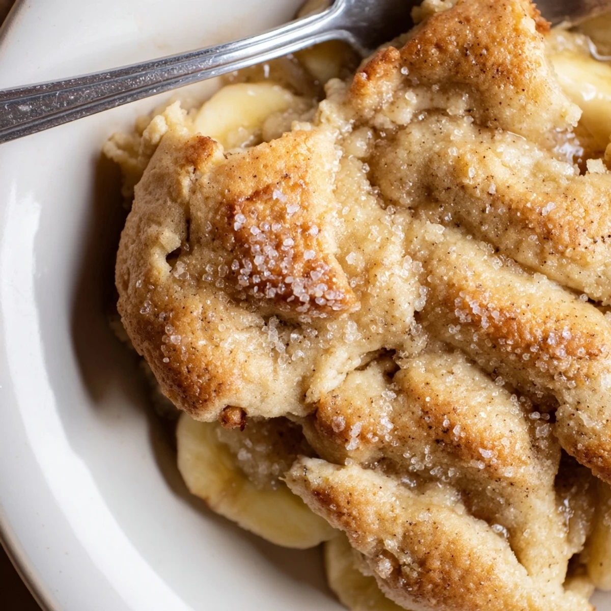 Warm Southern banana cobbler served in a baking dish with vanilla ice cream