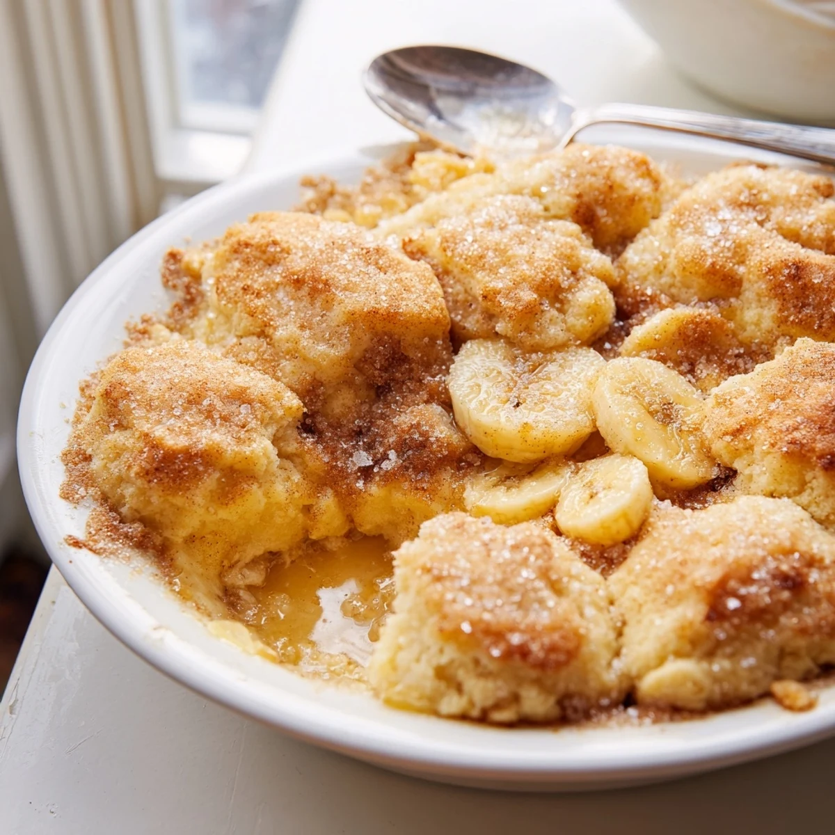 Ripe banana slices nestled beneath a pillowy golden crust in Southern banana cobbler
