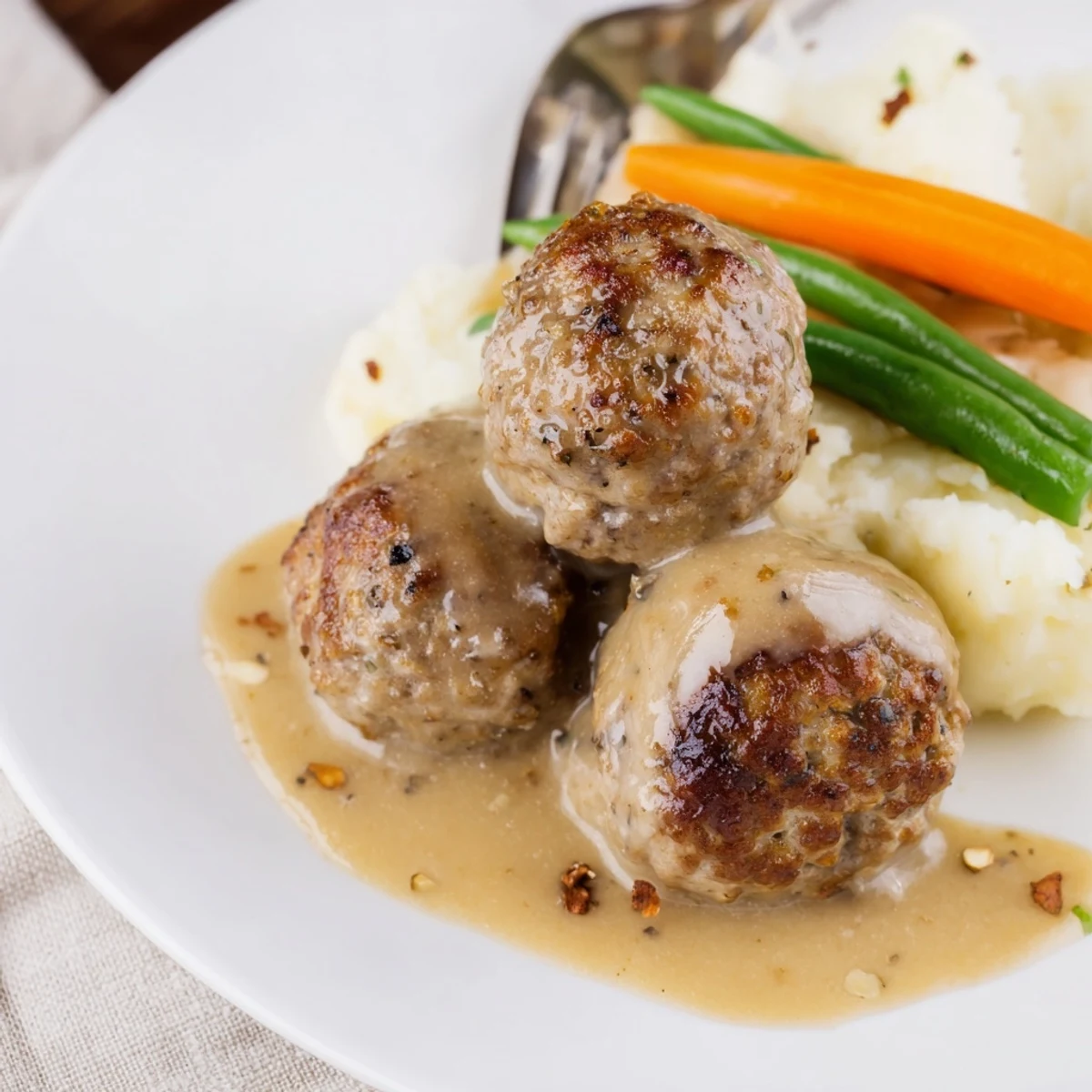 Homemade Ikea Meatballs glistening in creamy gravy over fluffy mashed potatoes.